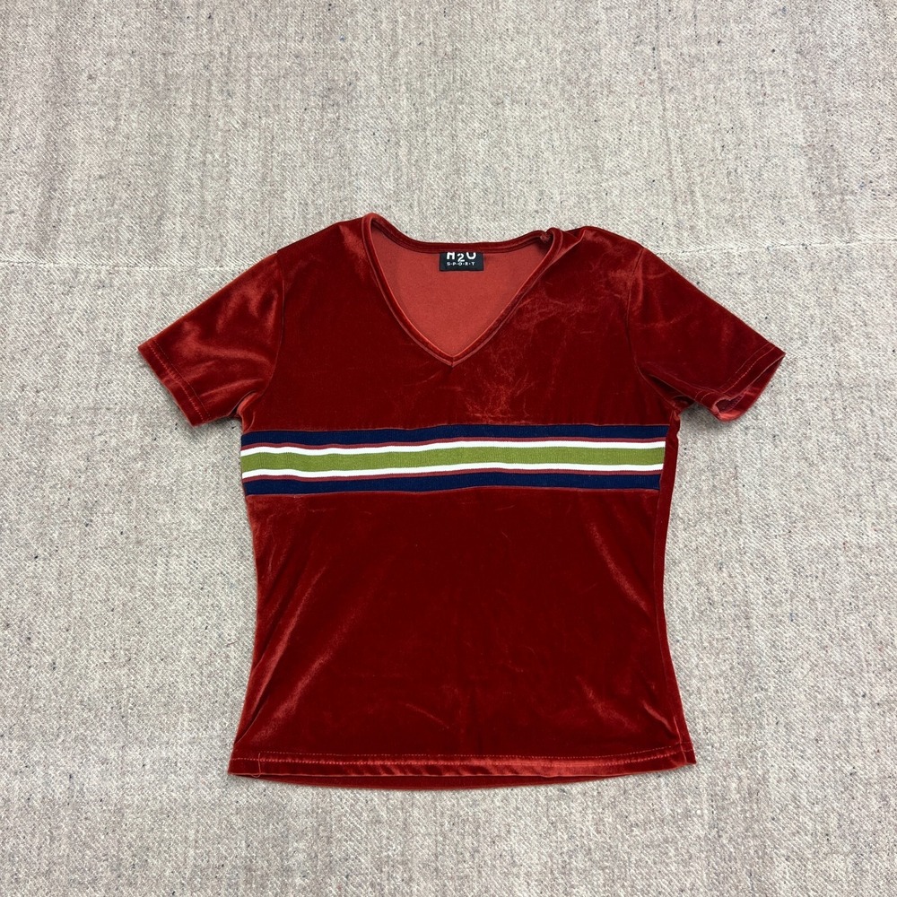 Vintage H20‎ Sports Shirt Women's Large Red 2000s Y2K Fleece Fuzzy Striped